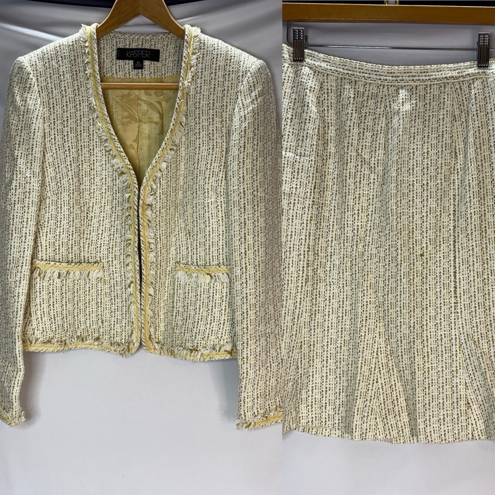 Vintage Kasper Beige Cream Tweed Fringe Blazer Skirt Suit Set Size 8 Petite